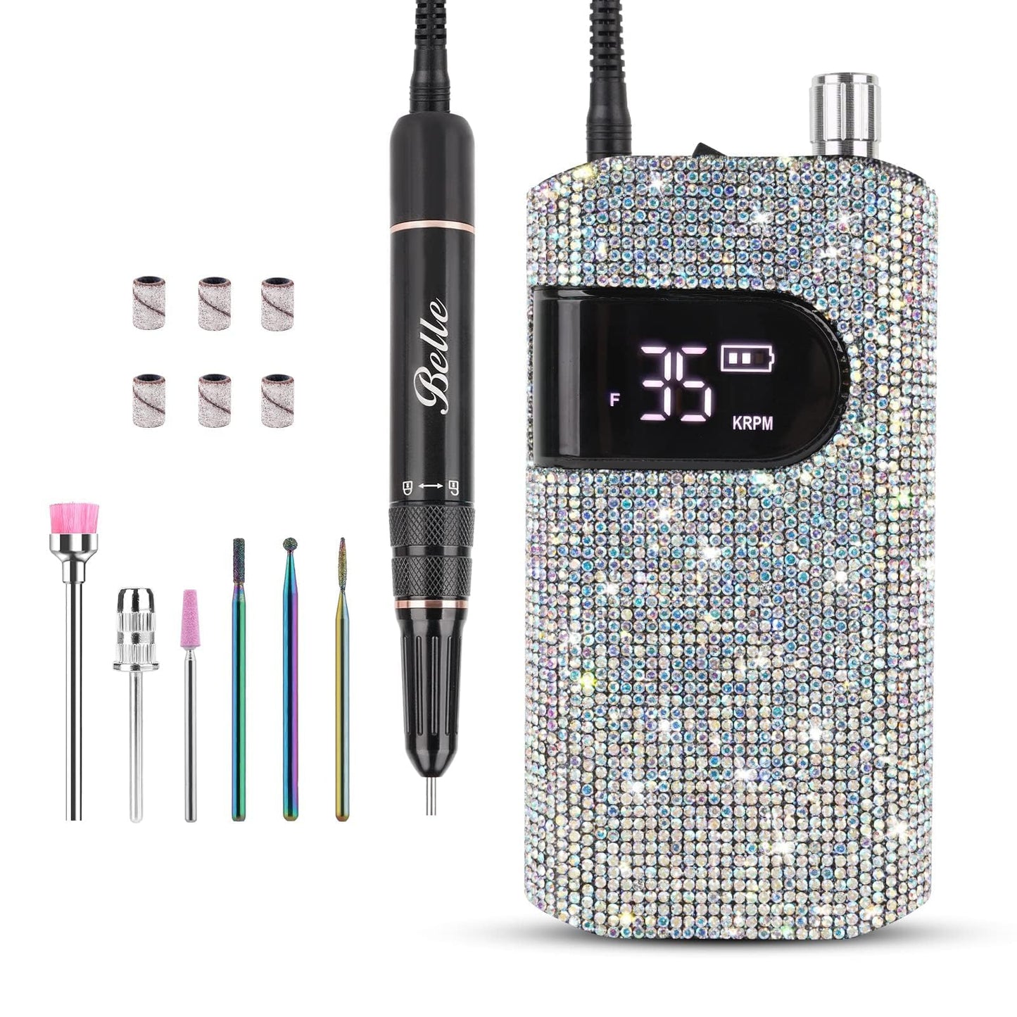 Belle Professional Nail Drill Machine, Sparkly Electric Nail File for Acrylic Nails, Cordless Portable Nail Drill Kit with Drill Bits & Sanding Bands, Manicure Pedicure Tools for Home and Salon