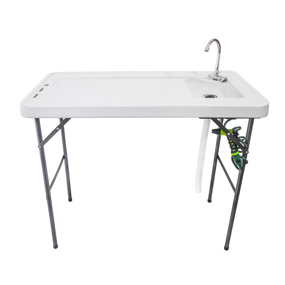 Tcbosik Portable Fish Cleaning Table with Sink and Spray Nozzle, Folding Outdoor Camping Sink Station with Hose Hook Up, Heavy Duty Fillet Table with Faucet for Dock Beach Patio Picnic