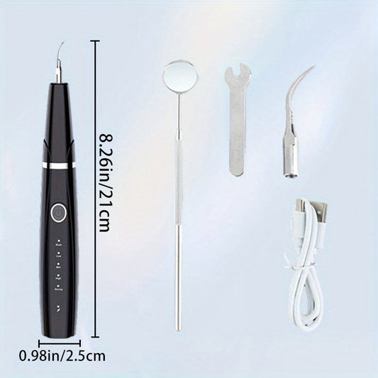 Rechargeable Ultrasonic Tooth Cleaner Kit - Tartar Removal, LED Light, Magnifying Mirror & 2 Replaceable Heads - Type-C Charging