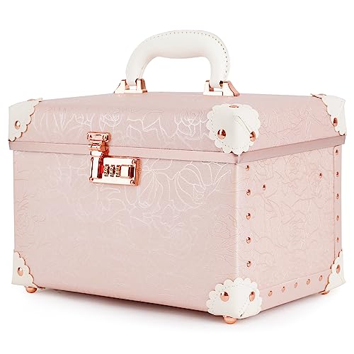 urecity Portable Retro Leather Makeup Train Case Cosmetic Organizer Case Leather Storage Box with Combination Lock (12.5", Elegant Pink)