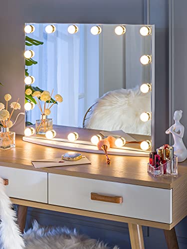 LUXFURNI Vanity Mirror with Makeup Lights, Large Hollywood Light up Mirrors w/ 18 LED Bulbs for Bedroom Tabletop & Wall Mounted (26Lx21W, White)