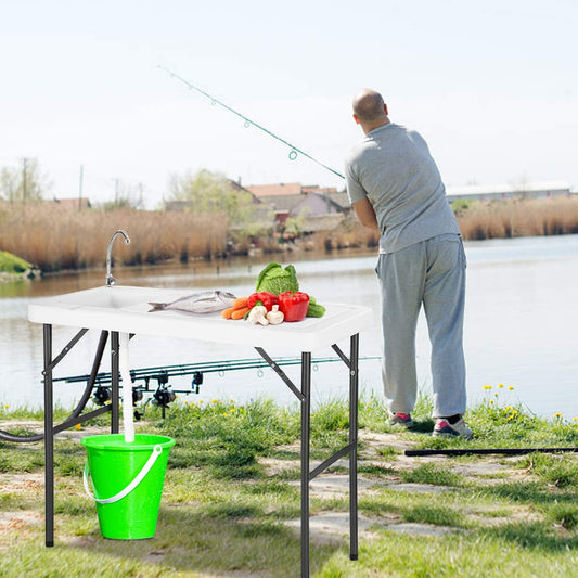 45' Camping Tables that Fold Up wth Sink Faucet, Portable Folding Table Fish Fillet Hunting Cleaning Cutting Camping Picnic Outdoor Gardening Table, Rectangular Off White Portable Camp Table, Q9130