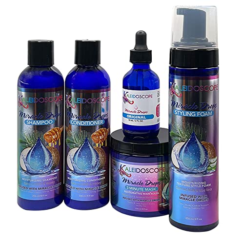 Kaleidoscope - Miracle Drops Collection – Coconut Milk, Honey & Aloe Vera, Rice Water Moisturizing Blend – Shampoo, Conditioner, 3 Minute Mask, Styling Foam, Original Miracle Drops – Hair Care Styling Bundle 5 Pcs Set