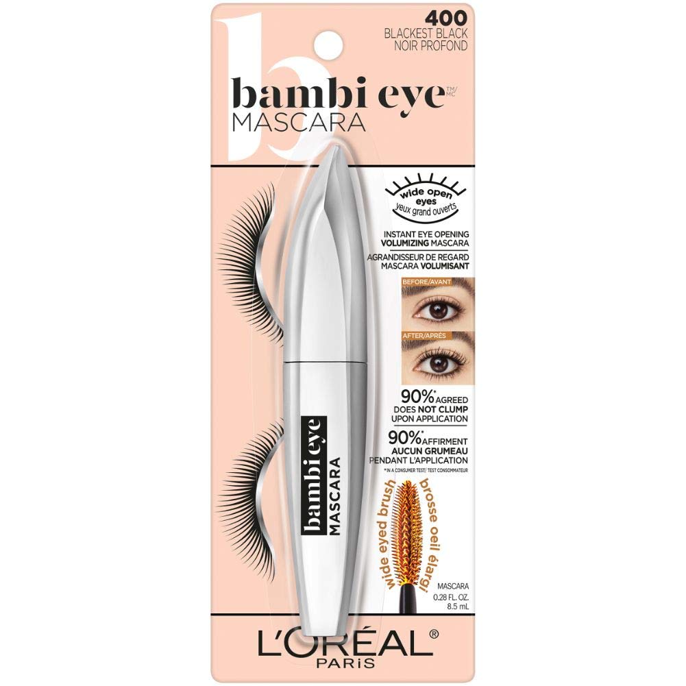 L'Oreal Paris Makeup Bambi Eye Mascara, Lasting Volume, Length &amp; Lift, Doe-eye Definition, No Clumping, Washable, Blackest Black 0.21 Fl Oz
