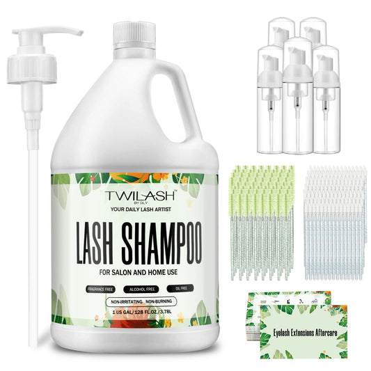 Lash Shampoo Bulk, Eyelash Cleanser for Extensions 1 Gallon / 3.8L - Includes 50 Aftercare Kits, 5 Foam Pump Bottles, Dispenser Pump - Eyelid Foaming Cleanser for Professional Salon and Home Use