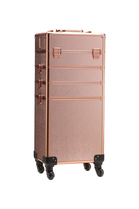 Rolling Train Case 5-in-1 Portable Makeup Train Case Professional Cosmetic Organizer Makeup Traveling case Trolley Cart Trunk (Rose Gold)