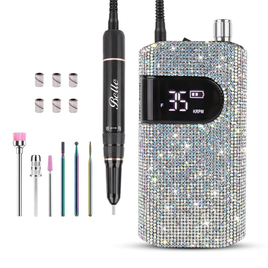 Belle Professional Nail Drill Machine, Sparkly Electric Nail File for Acrylic Nails, Cordless Portable Nail Drill Kit with Drill Bits & Sanding Bands, Manicure Pedicure Tools for Home and Salon