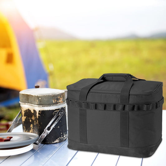 Camping Storage Bag Kitchen Cookware Handbag Wear Resistant Large Capacity with Mesh Pockets and Compartments for Backpacking Beach BBQ Fishing Utility Tote Bag Organizer Trunk Organizer with Black