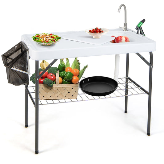 Costway Folding Fish Cleaning Table Portable Camping Table with Faucet Hose Grid Rack