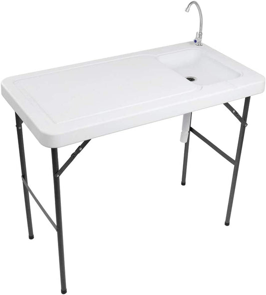 Outdoor Folding Fish and Game Cleaning Table w/Sink| Portable & Durable, Standard Garden Connection, Upgraded Drainage Hose, Stainless Steel (Classic)¡­