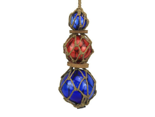 [Pack Of 2] Blue - Red - Blue Japanese Glass Ball Fishing Floats with Brown Netting Decoration 11''