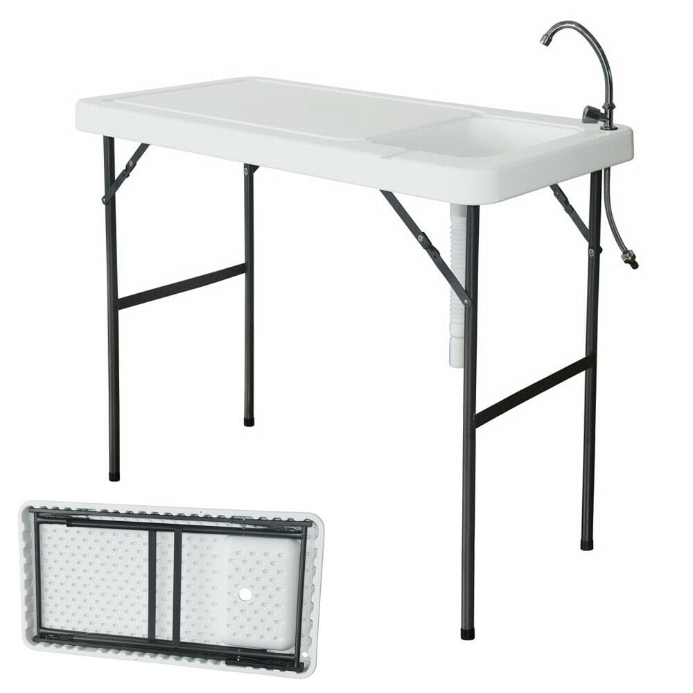 Portable Fish Cleaning Table Outdoor Camping Sink Table Washing Table with Faucet and Water Basins for Dock Beach Patio Picnic