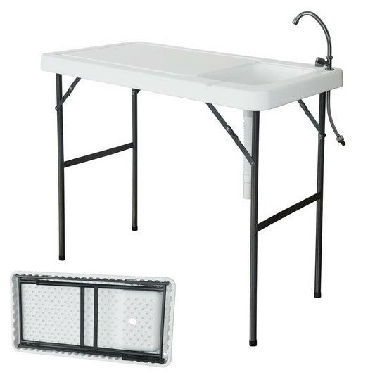 Portable Fish Cleaning Table Outdoor Camping Sink Table Washing Table with Faucet and Water Basins for Dock Beach Patio Picnic