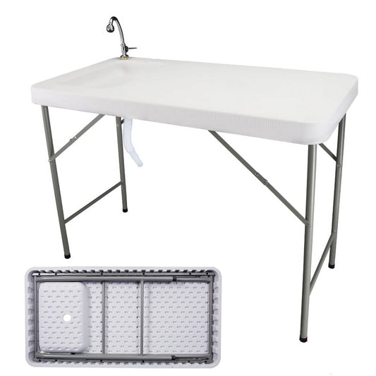 Portable Folding Camping Leisure Table w/Sink Faucet, Drain Hose, Fish Fillet Hunting Cleaning Cutting Table for Outdoor Garden Beach Picnic and RV