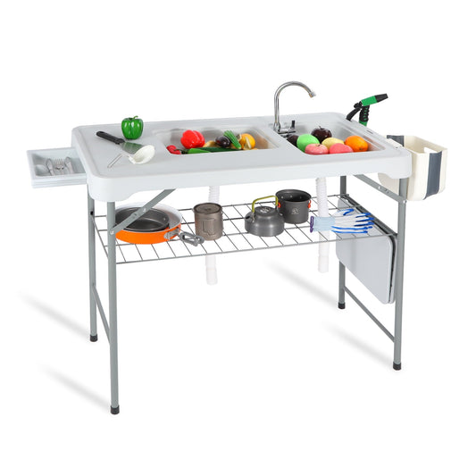 REDCAMP Folding Fish Cleaning Table with 2 Sinks and Sprayer, Outdoor Camping Sink Station w/ Flexible Faucet/Drainage Hoses/Rack/Basket, Portable Camping Table for Garden Beach Patio Picnic