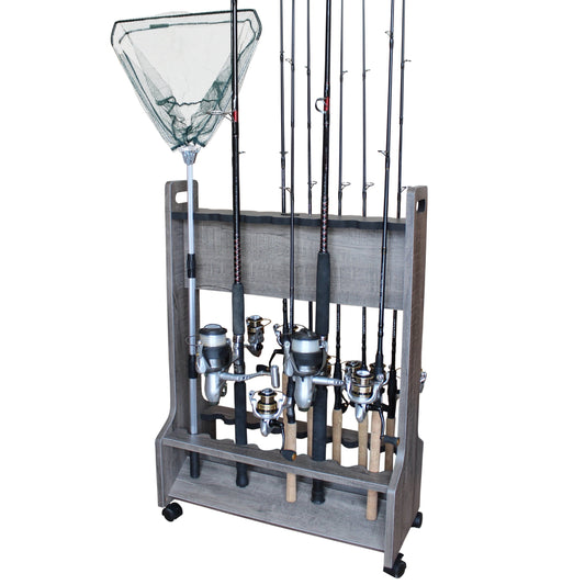 Rush Creek Creations 16-Rod Double-Sided Rolling Fishing Rod Storage Rack, Rolling Fishing Rod Holder with 16 Rod holders, Barn Wood