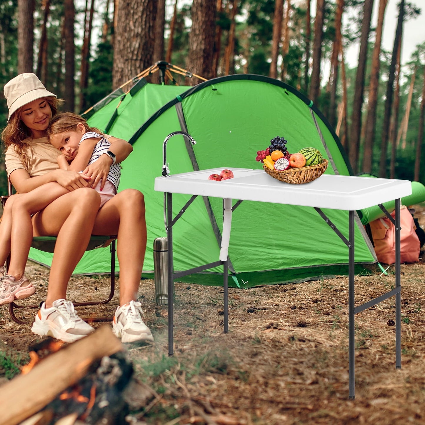 UBesGoo Folding Portable Fish Fillet & Hunting & Cutting Leisure Table, with Sink Faucet, Plastic Camping Furniture for Outdoor Garden Picnic, Camping