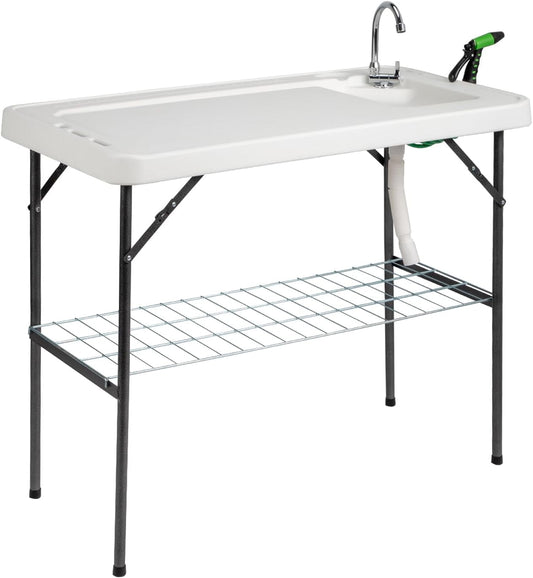 VINGLI Upgarded Folding Fish Cleaning Table with Sink, Portable Camping Sink Table with Grid Rack & Sprayer, Fish Fillet Cutting Table with Drainage Hose for Patio Backyard BBQ